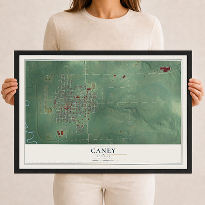 Map of Caney, Kansas, 12 x 18 inch print in a black wood frame