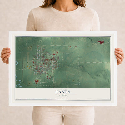 Map of Caney, Kansas, 12 x 18 inch print in a white wood frame