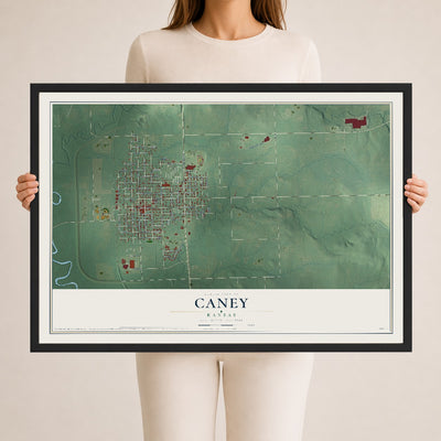 Map of Caney, Kansas, 24 x 36 inch print in a black wood frame