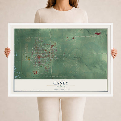 Map of Caney, Kansas, 24 x 36 inch print in a white wood frame