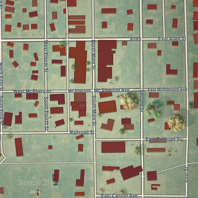 Close-up of the map of Canton, Kansas print showing street and building detail