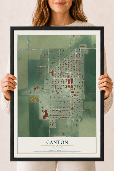 Map of Canton, Kansas, 18 x 24 inch print in a black wood frame