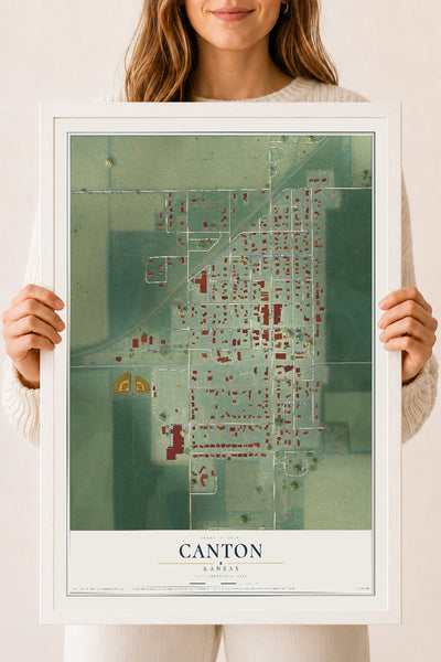 Map of Canton, Kansas, 18 x 24 inch print in a white wood frame