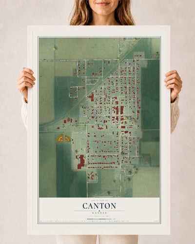 Map of Canton, Kansas, 24 x 36 inch print in a white wood frame