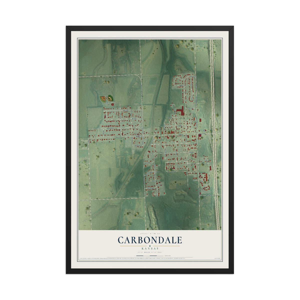 Map of Carbondale, Kansas, 12 x 18 inch print in a black wood frame