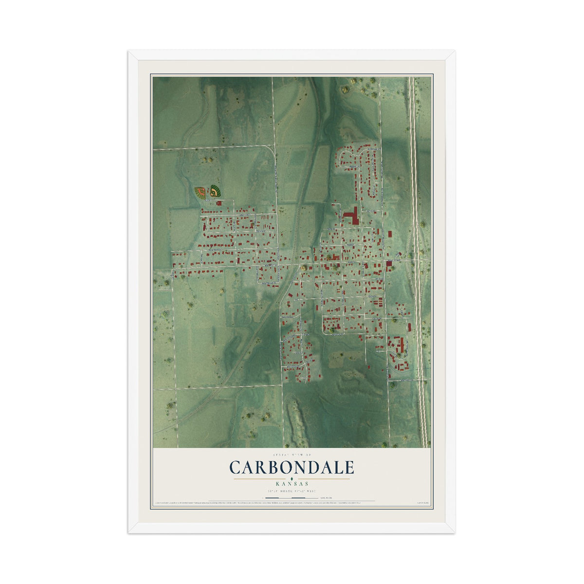 Map of Carbondale, Kansas, 12 x 18 inch print in a white wood frame