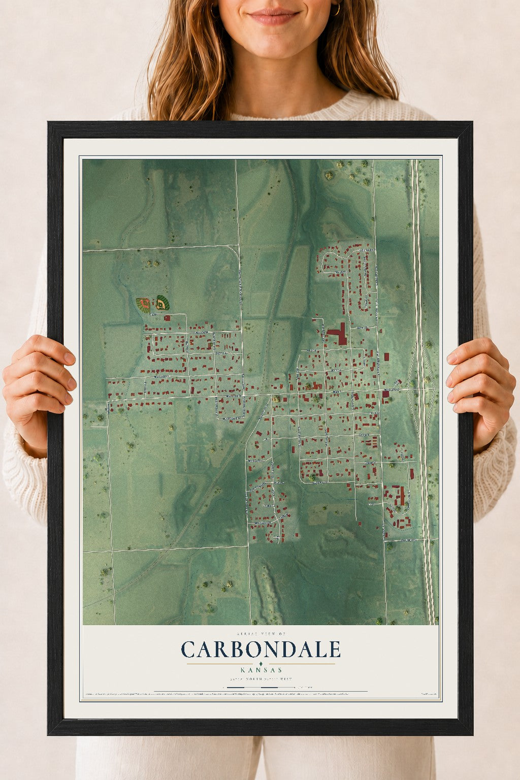 Map of Carbondale, Kansas, 18 x 24 inch print in a black wood frame