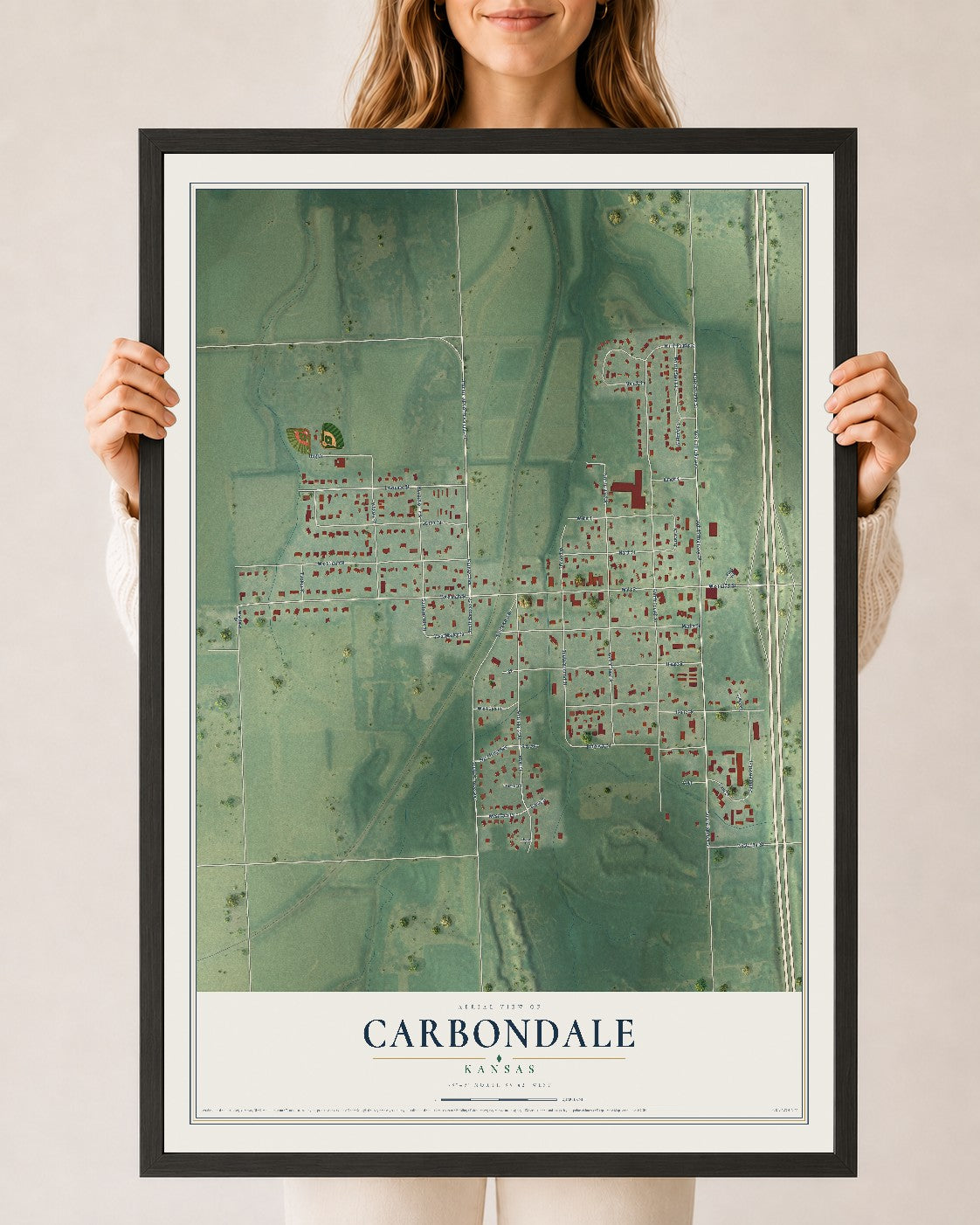 Map of Carbondale, Kansas, 24 x 36 inch print in a black wood frame