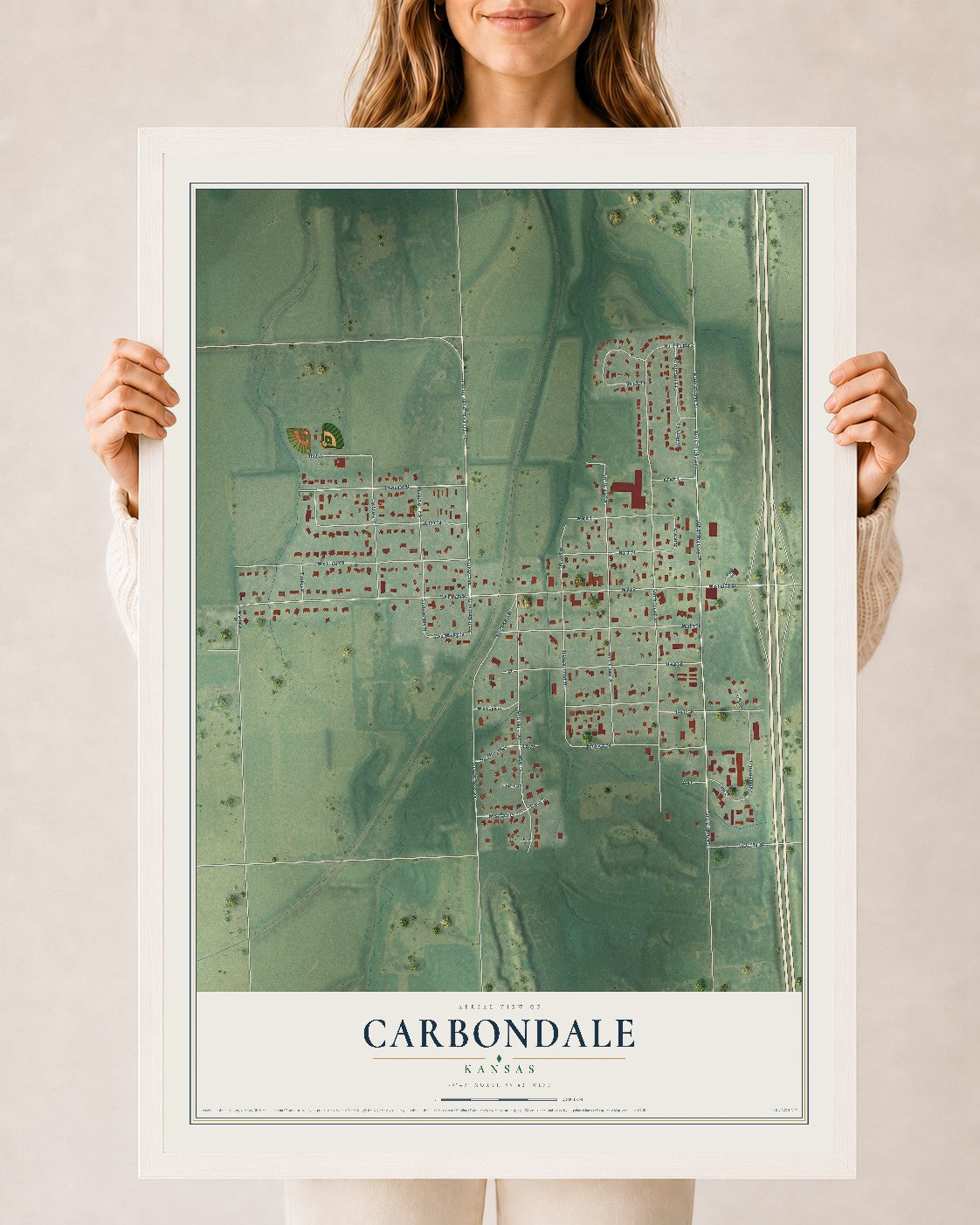 Map of Carbondale, Kansas, 24 x 36 inch print in a white wood frame