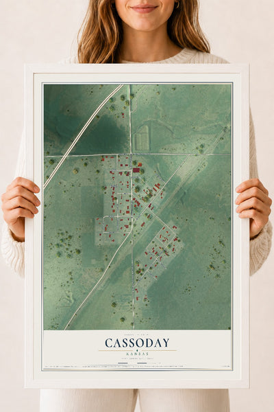 Map of Cassoday, Kansas, 18 x 24 inch print in a white wood frame