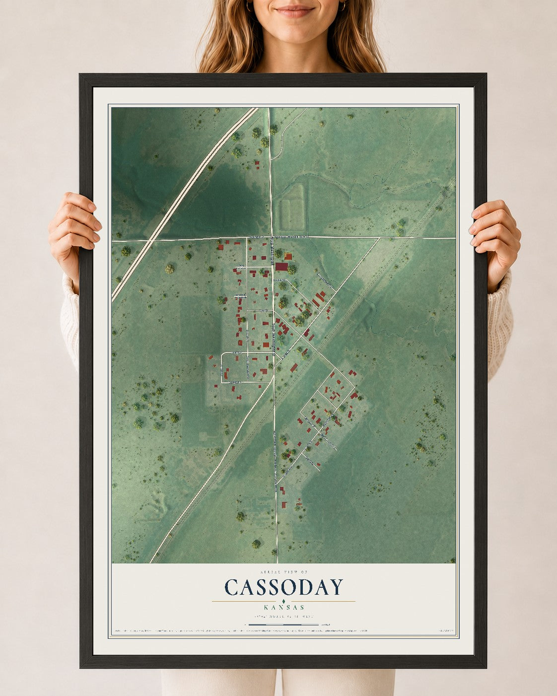 Map of Cassoday, Kansas, 24 x 36 inch print in a black wood frame