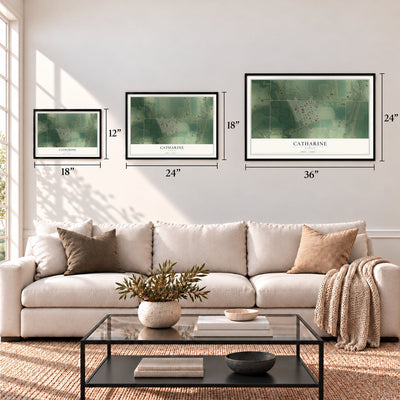 Catharine, Kansas map in 12 x 18, 18 x 24 and 24 x 36 inch sizes above a sofa