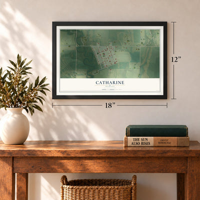 Catharine, Kansas map, 12 x 18 inch print in a black frame in an entryway