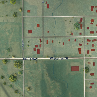 Second close-up of the map of Cawker City, Kansas print showing more streets and buildings