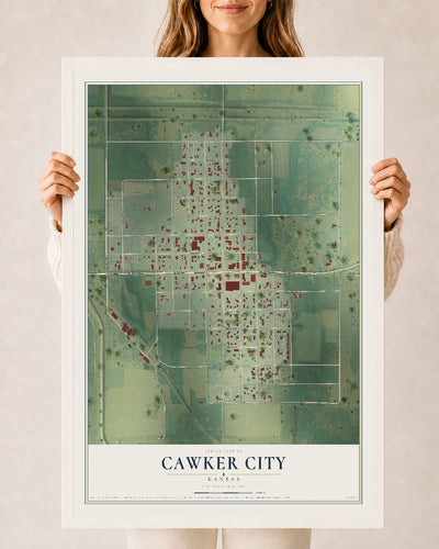 Map of Cawker City, Kansas, 24 x 36 inch print in a white wood frame