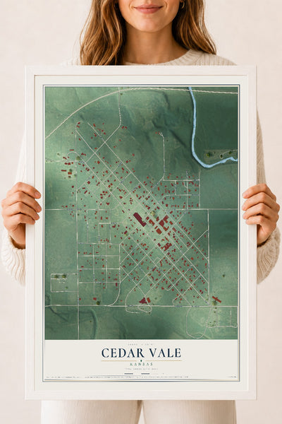 Map of Cedar Vale, Kansas, 18 x 24 inch print in a white wood frame