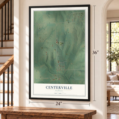 Centerville, Kansas map, 24 x 36 inch print in a black frame by a staircase
