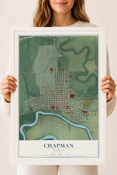 Map of Chapman, Kansas, 18 x 24 inch print in a white wood frame