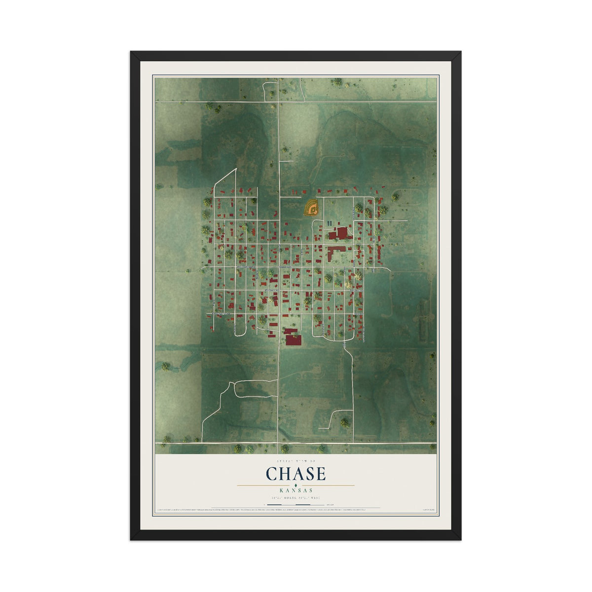 Map of Chase, Kansas, 12 x 18 inch print in a black wood frame