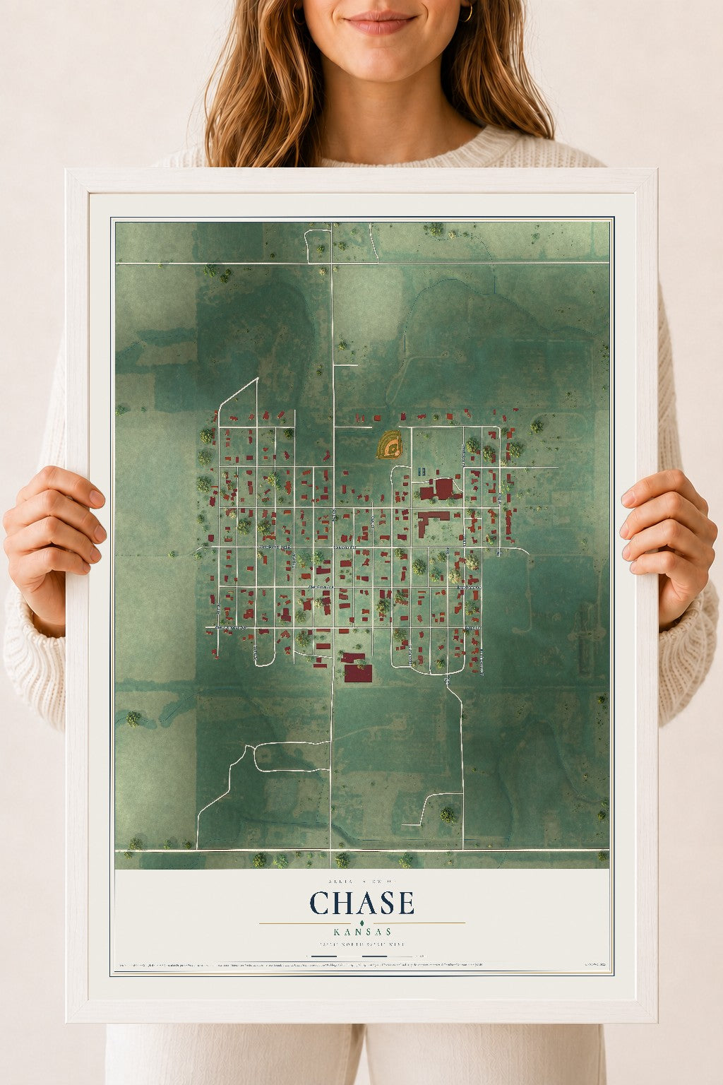 Map of Chase, Kansas, 18 x 24 inch print in a white wood frame