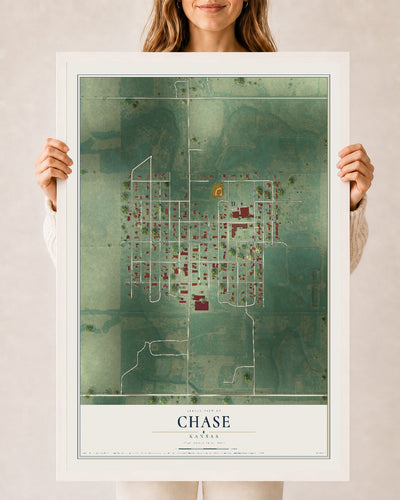 Map of Chase, Kansas, 24 x 36 inch print in a white wood frame