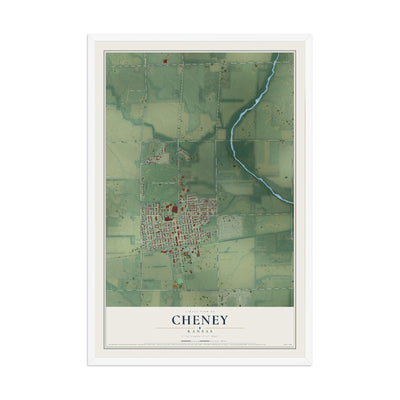 Map of Cheney, Kansas, 12 x 18 inch print in a white wood frame