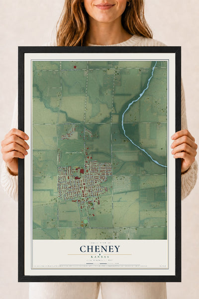 Map of Cheney, Kansas, 18 x 24 inch print in a black wood frame