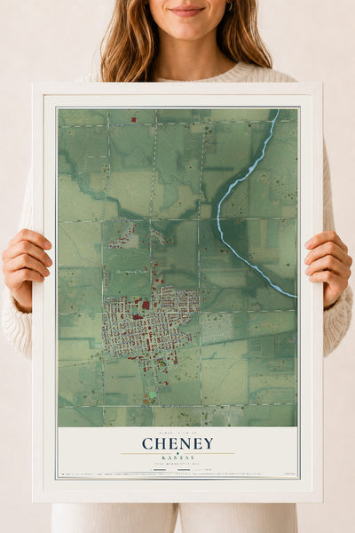Map of Cheney, Kansas, 18 x 24 inch print in a white wood frame