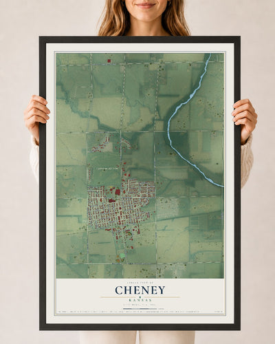 Map of Cheney, Kansas, 24 x 36 inch print in a black wood frame