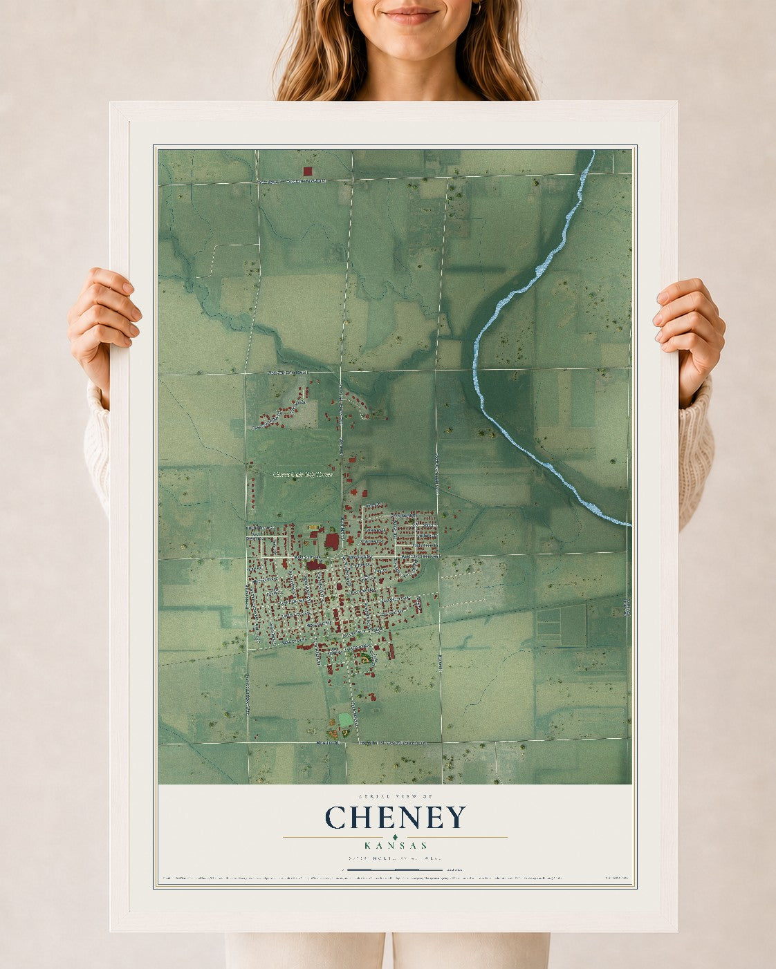 Map of Cheney, Kansas, 24 x 36 inch print in a white wood frame