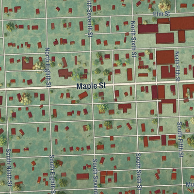Close-up of the map of Chetopa, Kansas print showing street and building detail