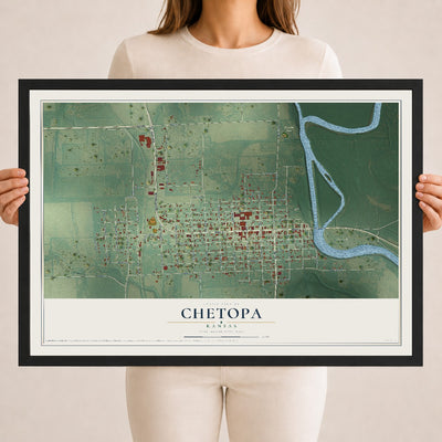 Map of Chetopa, Kansas, 18 x 24 inch print in a black wood frame
