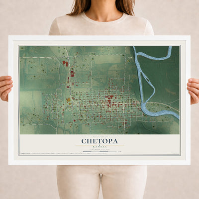 Map of Chetopa, Kansas, 18 x 24 inch print in a white wood frame