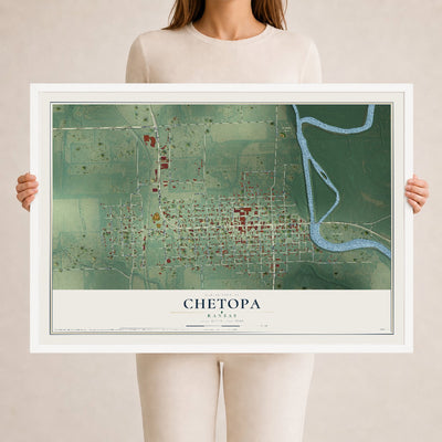 Map of Chetopa, Kansas, 24 x 36 inch print in a white wood frame