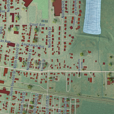 Close-up of the map of Cimarron, Kansas print showing street and building detail