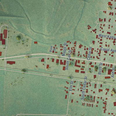 Second close-up of the map of Cimarron, Kansas print showing more streets and buildings