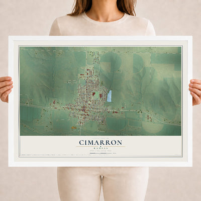Map of Cimarron, Kansas, 18 x 24 inch print in a white wood frame