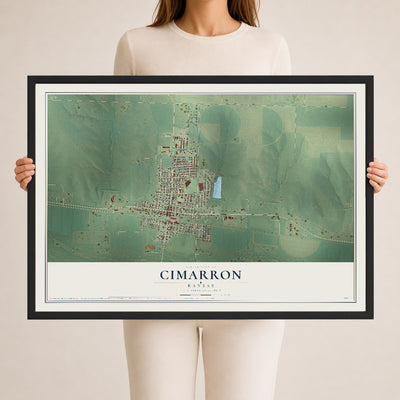 Map of Cimarron, Kansas, 24 x 36 inch print in a black wood frame