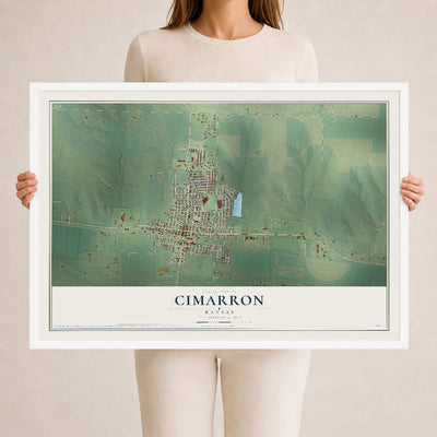 Map of Cimarron, Kansas, 24 x 36 inch print in a white wood frame