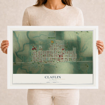 Map of Claflin, Kansas, 12 x 18 inch print in a white wood frame