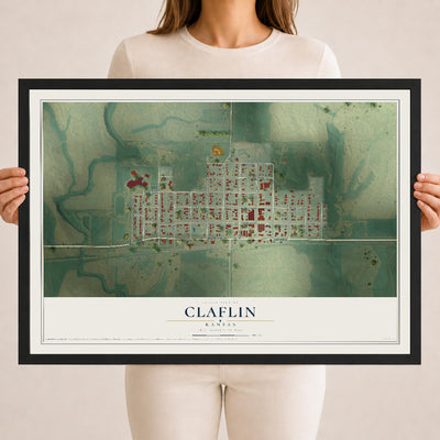 Map of Claflin, Kansas, 18 x 24 inch print in a black wood frame