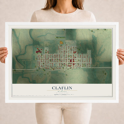 Map of Claflin, Kansas, 18 x 24 inch print in a white wood frame