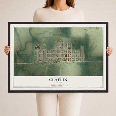 Map of Claflin, Kansas, 24 x 36 inch print in a black wood frame