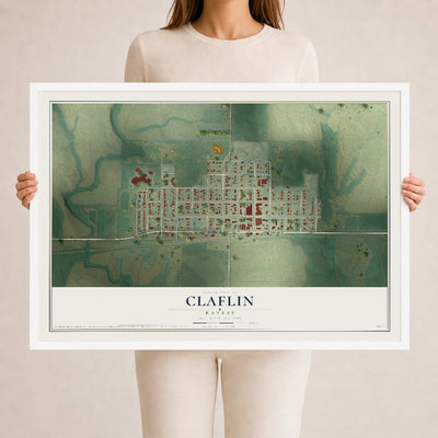 Map of Claflin, Kansas, 24 x 36 inch print in a white wood frame