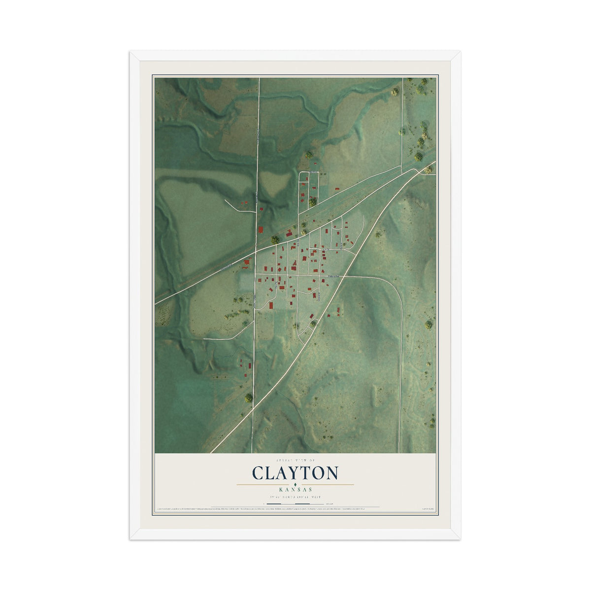 Map of Clayton, Kansas, 12 x 18 inch print in a white wood frame