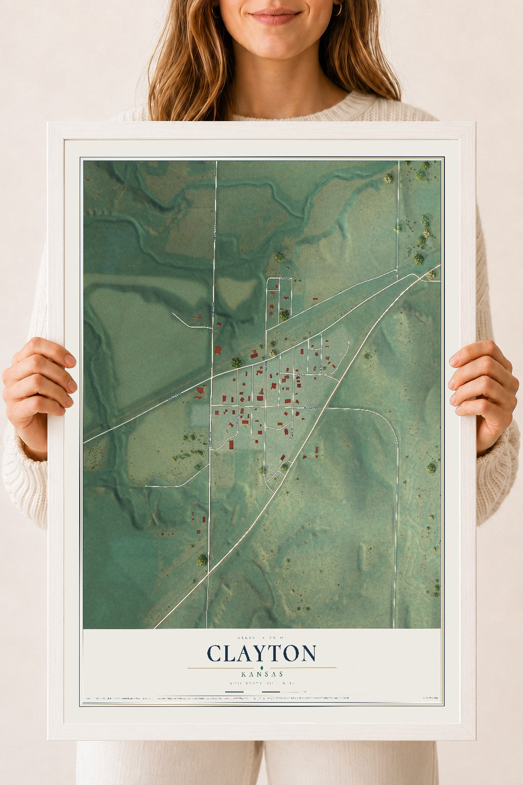 Map of Clayton, Kansas, 18 x 24 inch print in a white wood frame