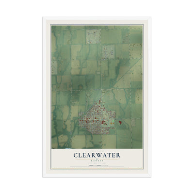 Map of Clearwater, Kansas, 12 x 18 inch print in a white wood frame