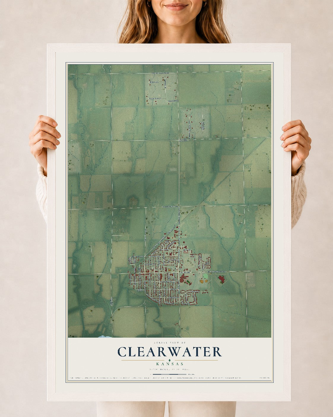 Map of Clearwater, Kansas, 24 x 36 inch print in a white wood frame