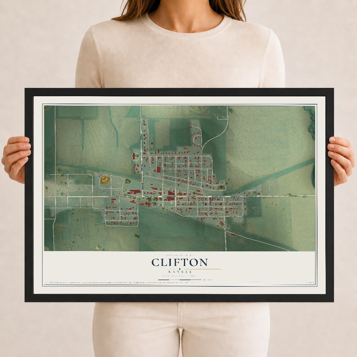Map of Clifton, Kansas, 12 x 18 inch print in a black wood frame