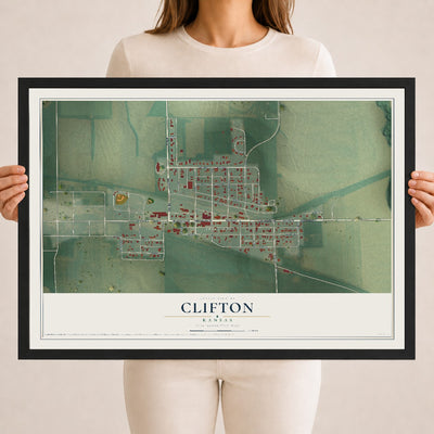 Map of Clifton, Kansas, 18 x 24 inch print in a black wood frame